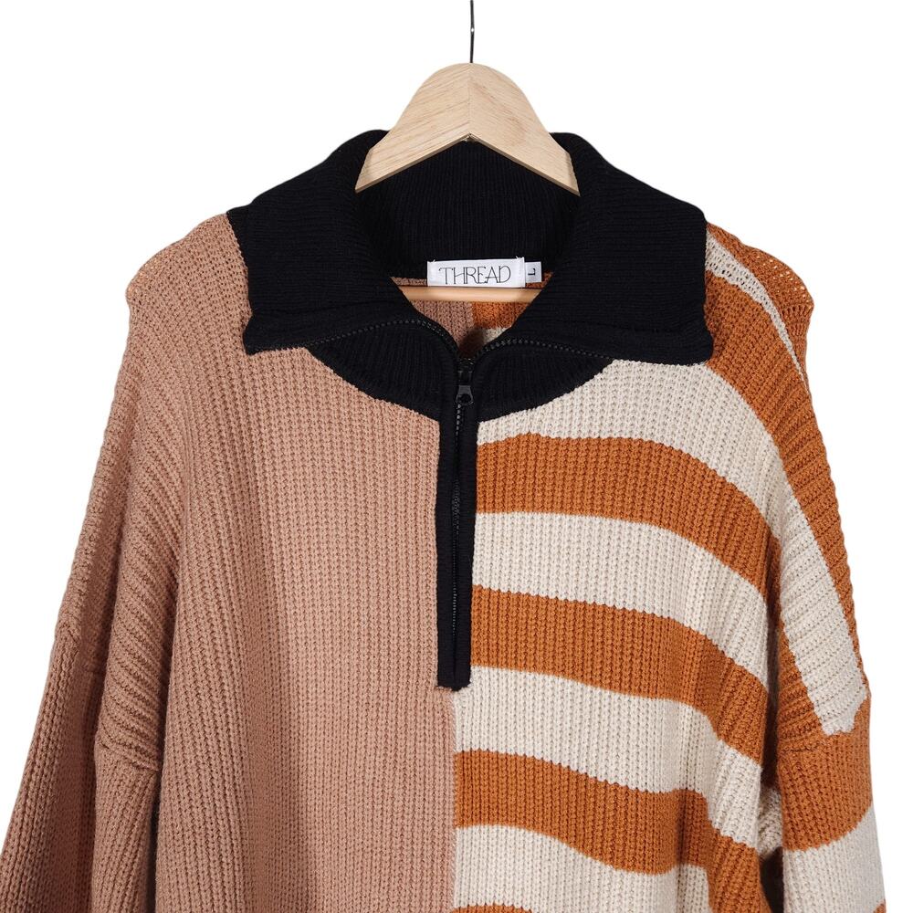 Thread Virginia Polo Sweater Large Orange Black Stripe Colorblock Partial Zip - Picture 4 of 14